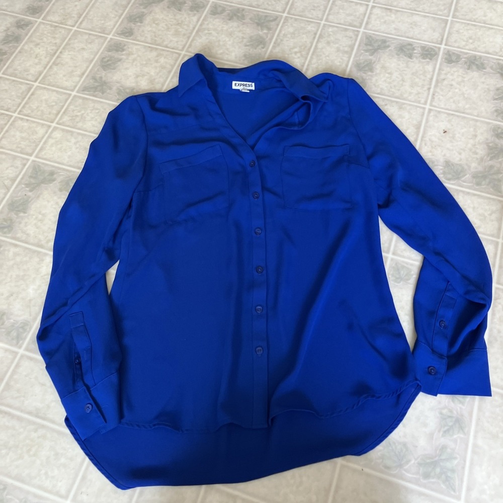 Express Blouse Womens Size Small Cobalt Blue Long Slv Roll Tab Classic Old Money